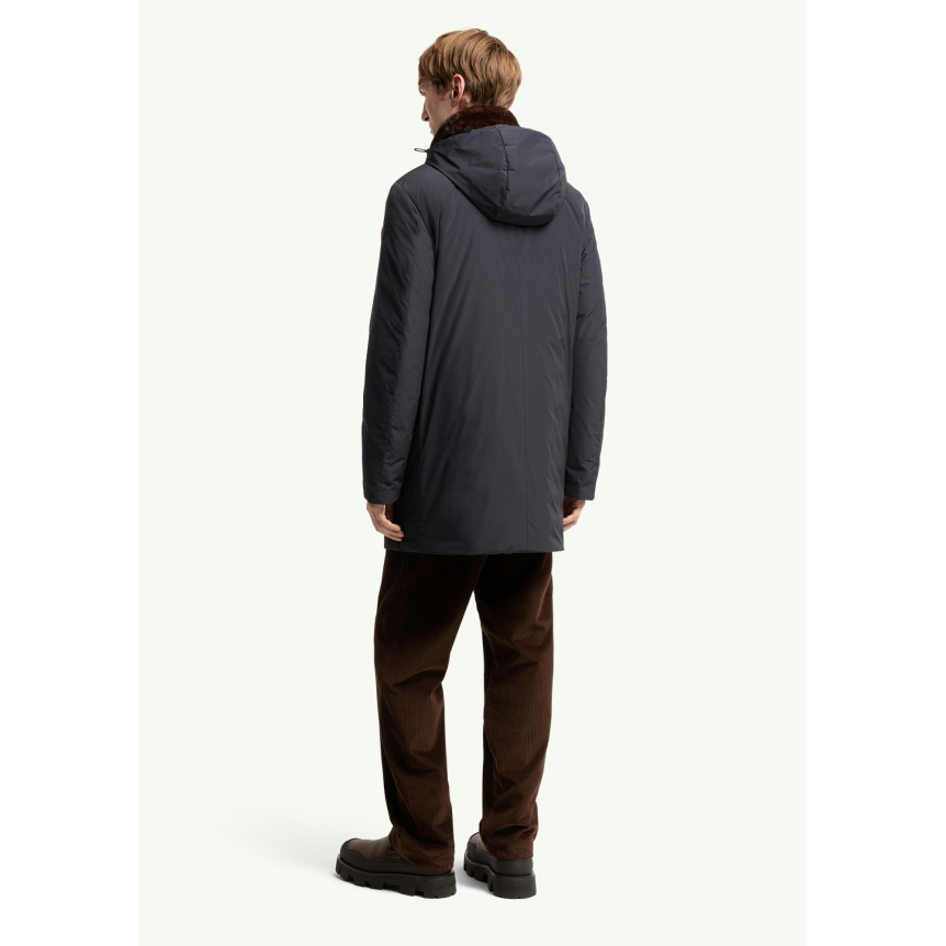 Parka longue à capuche MONCLER Okefen polyester bleu marine capuche intérieur marron
