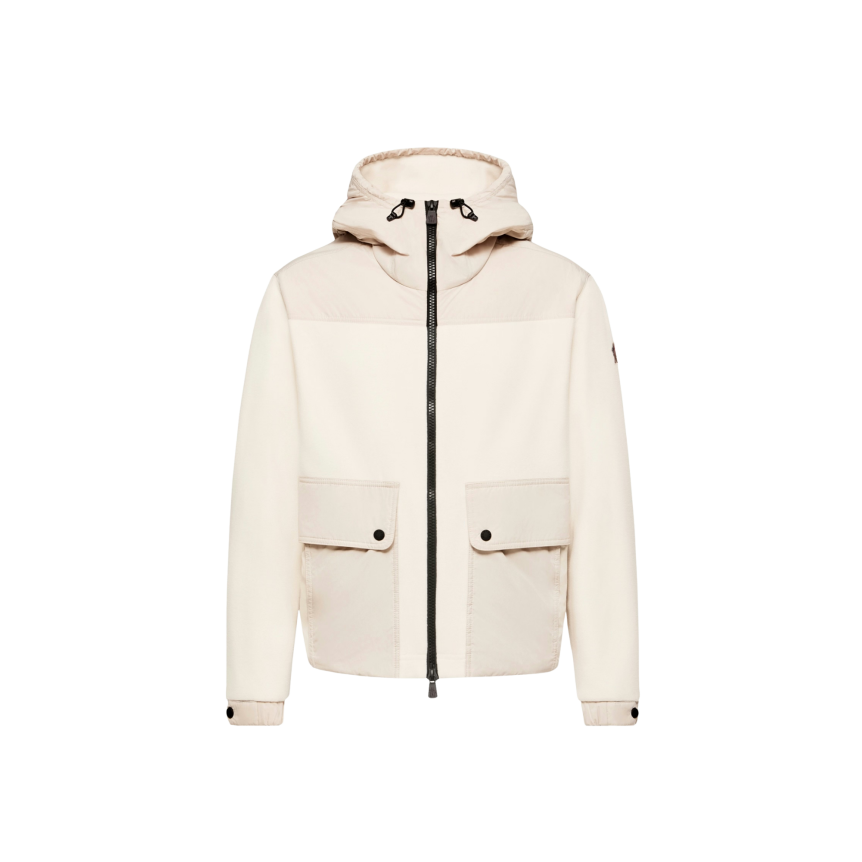 Blouson Cardigan zippé à capuche MONCLER en molleton Polartec® écru poche nylon pression Grenoble Collection