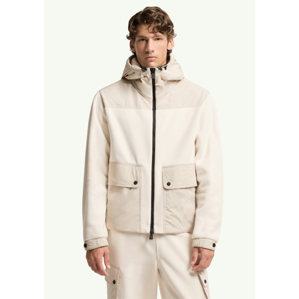 Blouson Cardigan zippé à capuche MONCLER en molleton Polartec® écru poche nylon pression Grenoble Collection