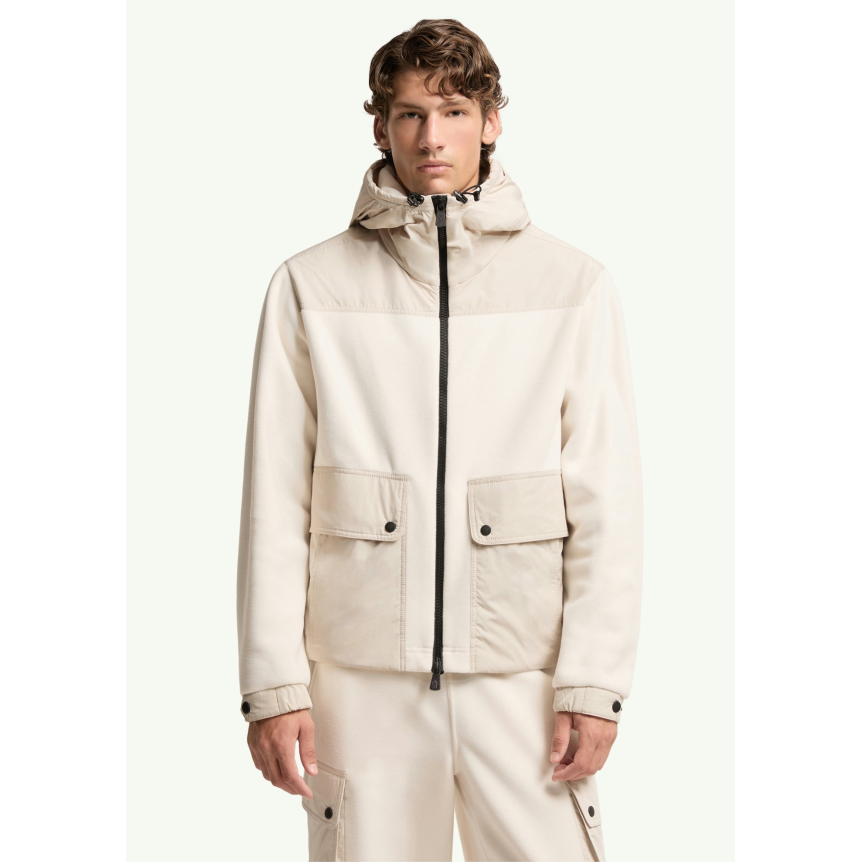 Blouson Cardigan zippé à capuche MONCLER en molleton Polartec® écru poche nylon pression Grenoble Collection
