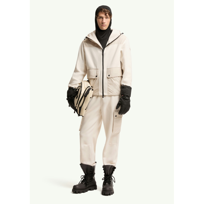 Blouson Cardigan zippé à capuche MONCLER en molleton Polartec® écru poche nylon pression Grenoble Collection