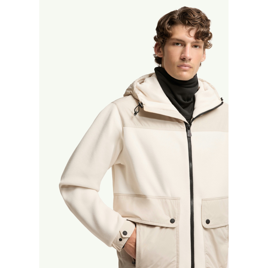 Blouson Cardigan zippé à capuche MONCLER en molleton Polartec® écru poche nylon pression Grenoble Collection