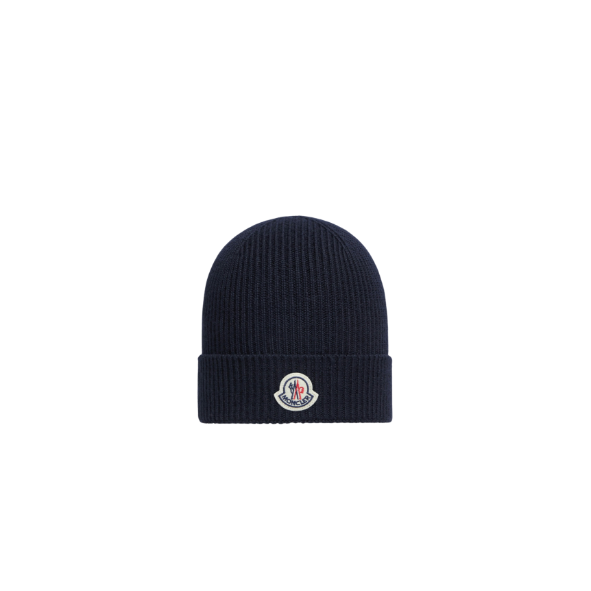 Bonnet à revers MONCLER laine extra fine côtelée bleu marine