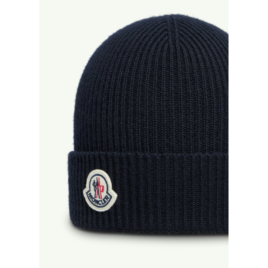 Bonnet à revers MONCLER laine extra fine côtelée bleu marine