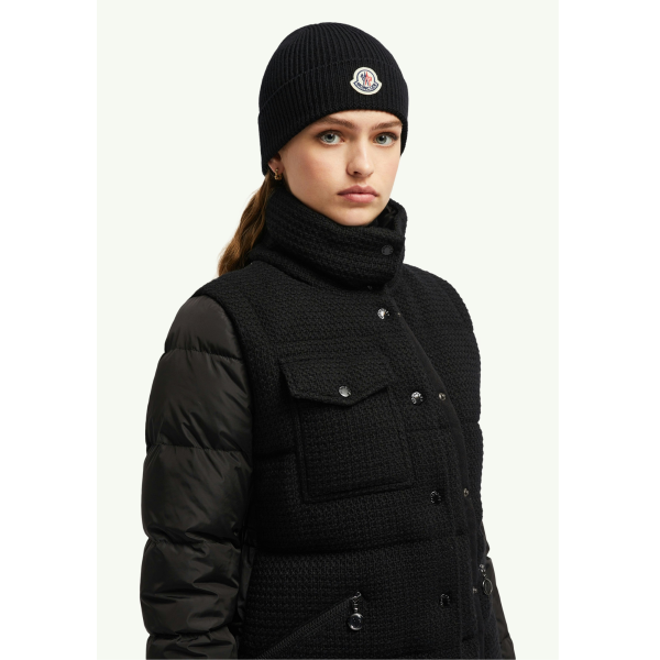 Bonnet à revers MONCLER laine extra fine côtelée noire