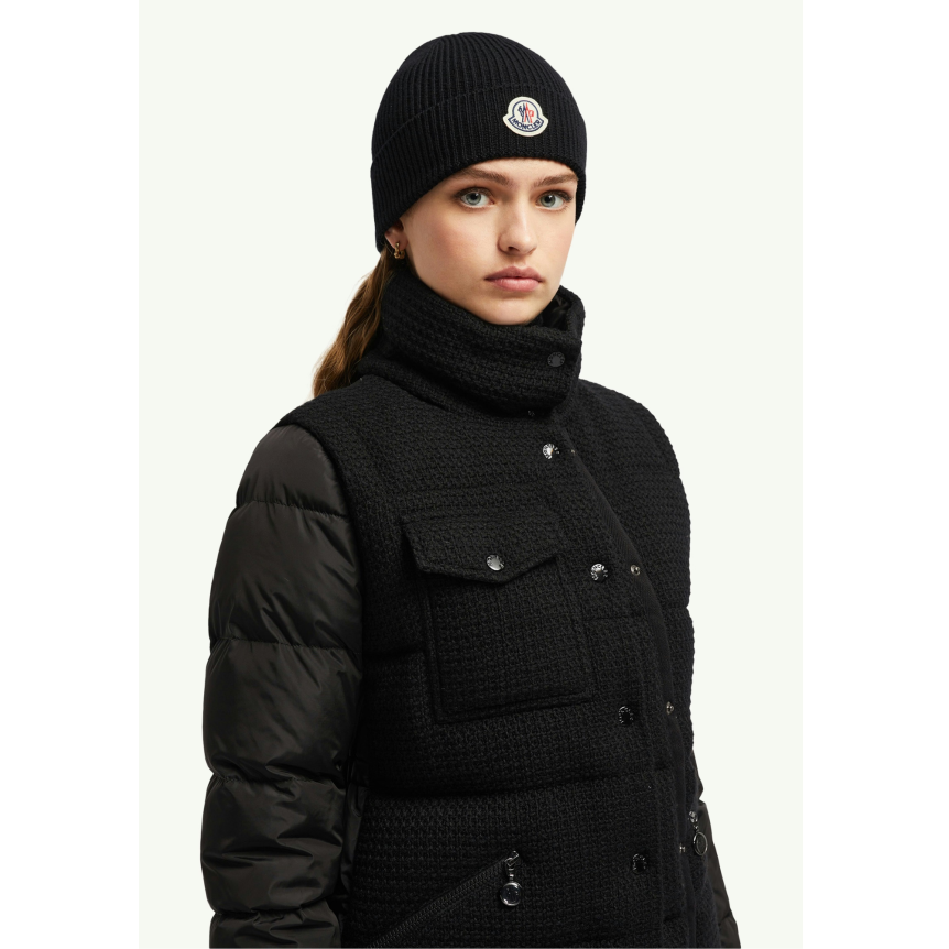 Bonnet à revers MONCLER laine extra fine côtelée noire