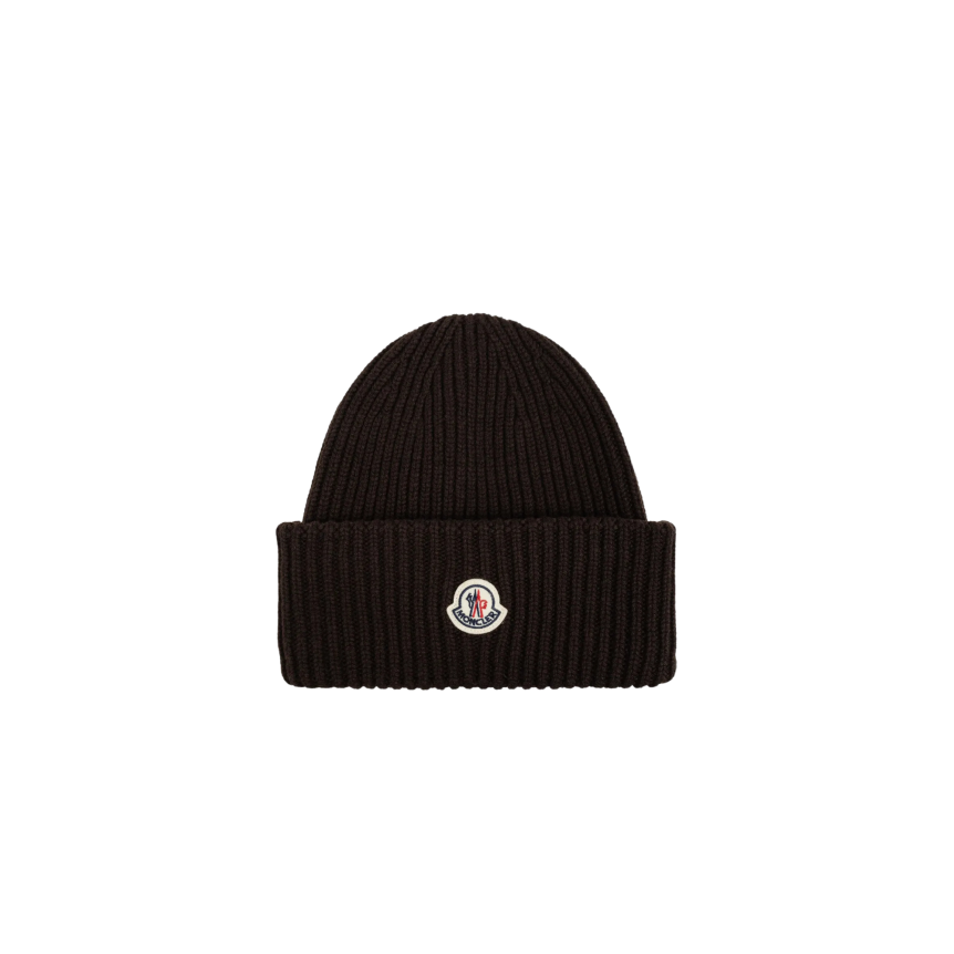 Bonnet MONCLER laine et cachemire noir côtelé patch logo