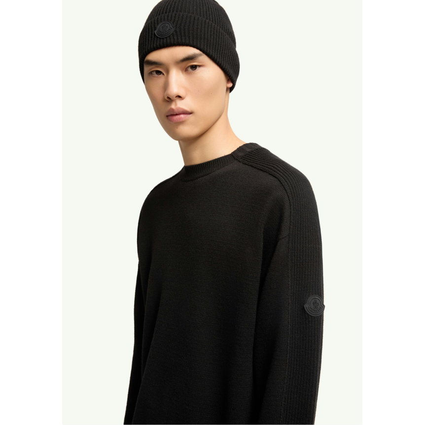 Pull col rond MONCLER laine vierge extra fine noir logo noir mat