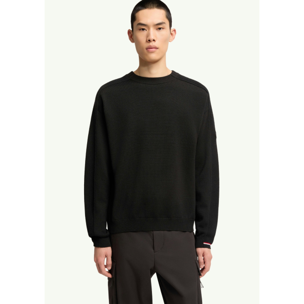 Pull col rond MONCLER laine vierge extra fine noir logo noir mat