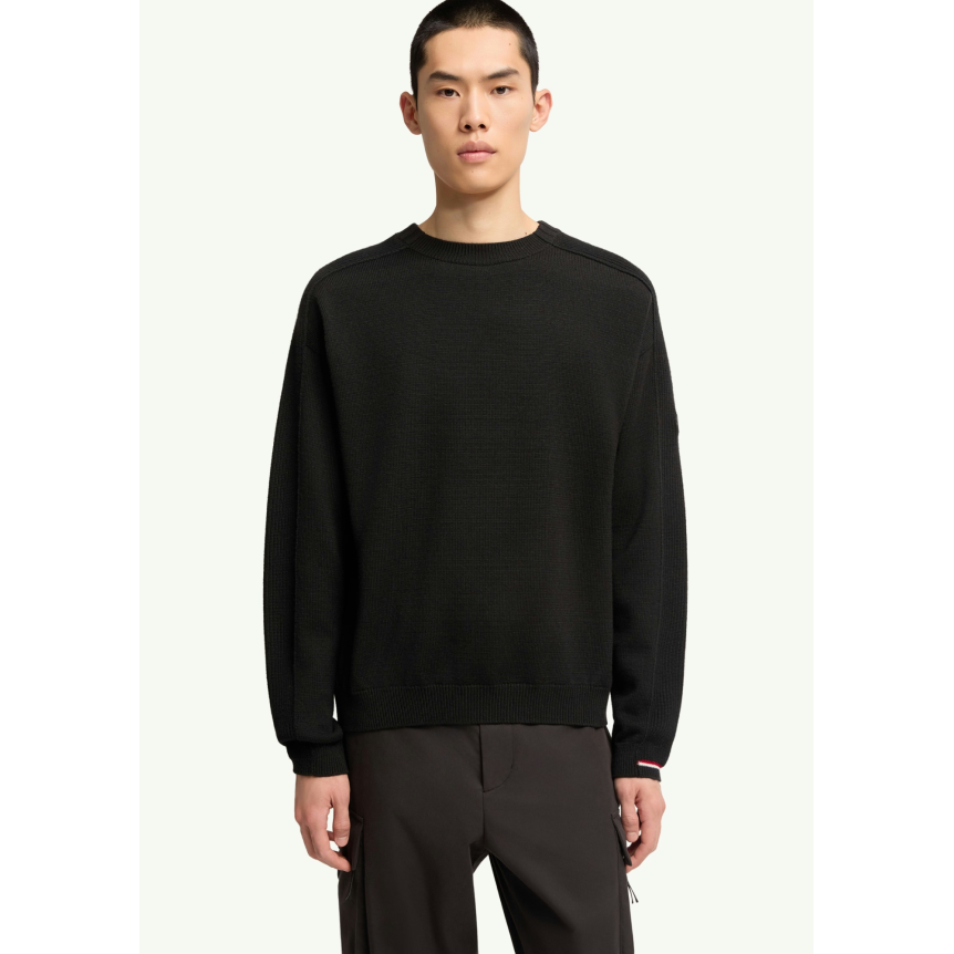 Pull col rond MONCLER laine vierge extra fine noir logo noir mat