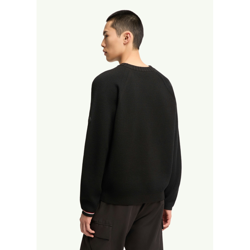 Pull col rond MONCLER laine vierge extra fine noir logo noir mat