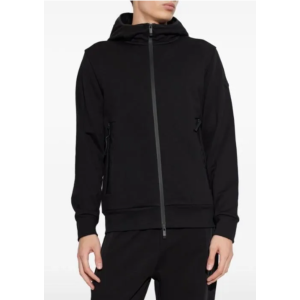 Sweat shirt à capuche zippé MONCLER noir poches zippées logo noir mat