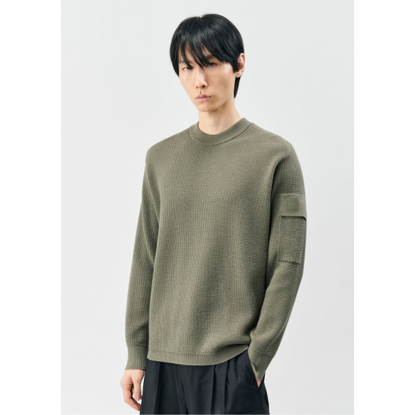 Pull CP COMPANY col rond laine mérinos extrafine gaufrée kaki Metropolis Series