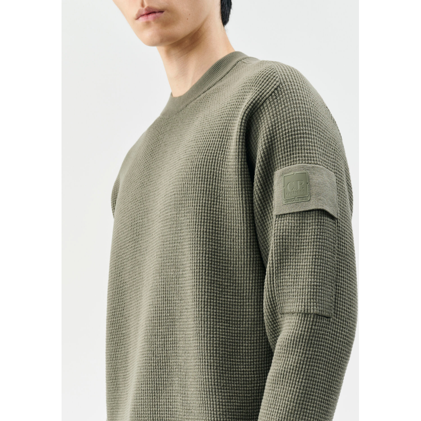 Pull CP COMPANY col rond laine mérinos extrafine gaufrée kaki Metropolis Series