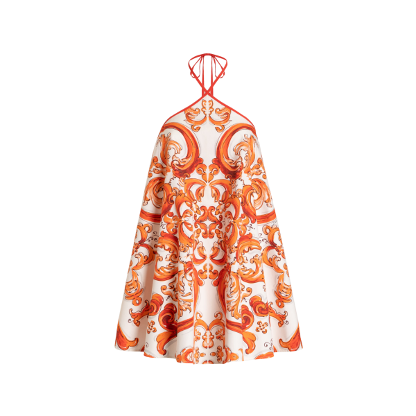 Robe courte évasée dos nu DOLCE & GABBANA en popeline de coton blanc à imprimé Majolique