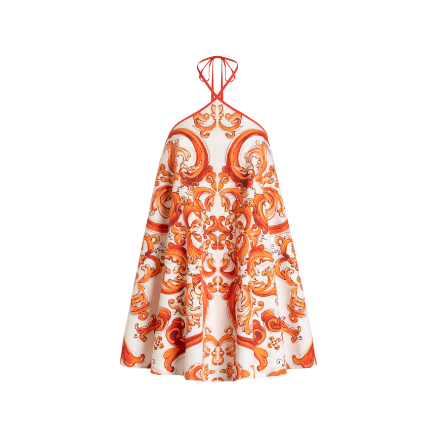 Robe courte évasée dos nu DOLCE & GABBANA en popeline de coton blanc à imprimé Majolique