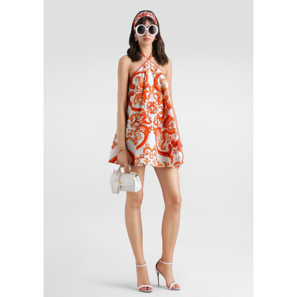 Robe courte évasée dos nu DOLCE & GABBANA en popeline de coton blanc à imprimé Majolique