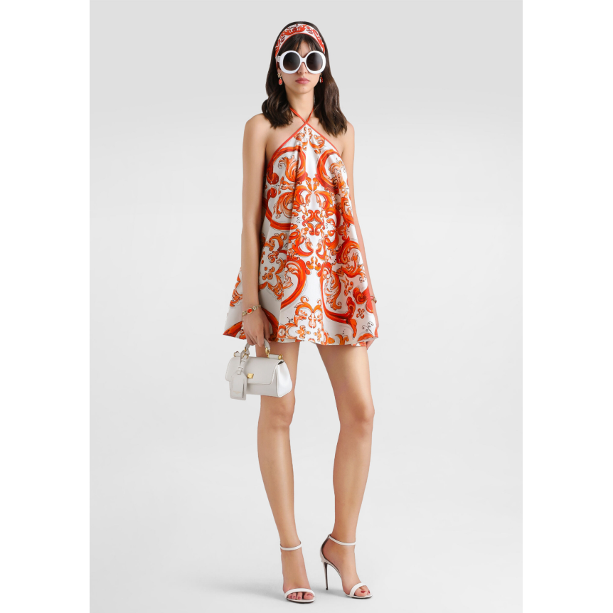 Robe courte évasée dos nu DOLCE & GABBANA en popeline de coton blanc à imprimé Majolique