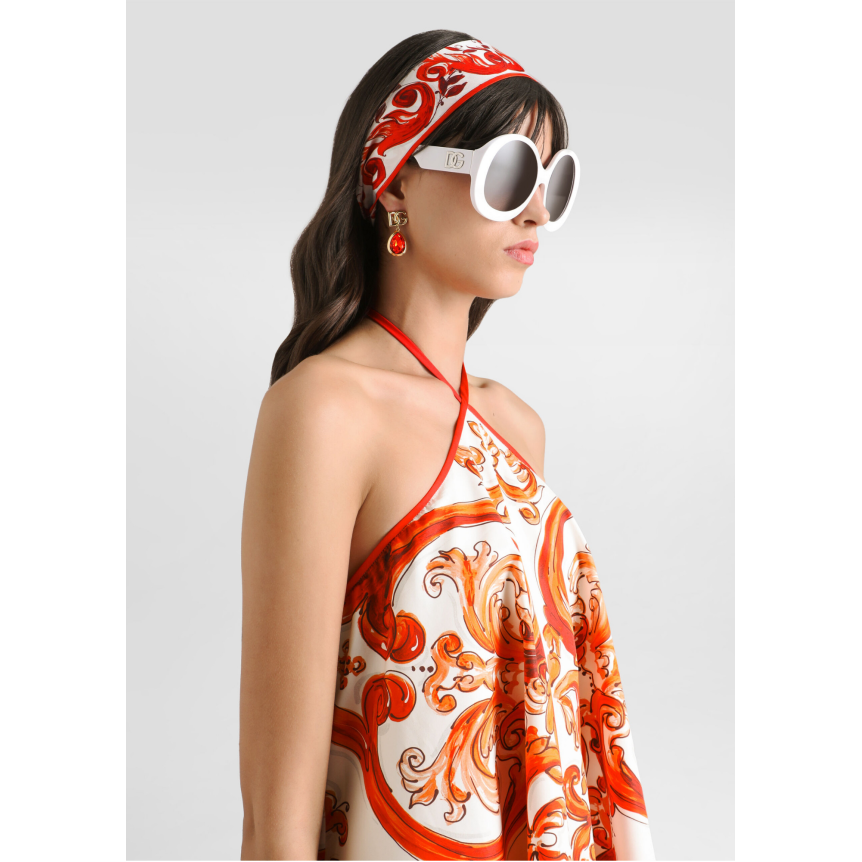 Robe courte évasée dos nu DOLCE & GABBANA en popeline de coton blanc à imprimé Majolique