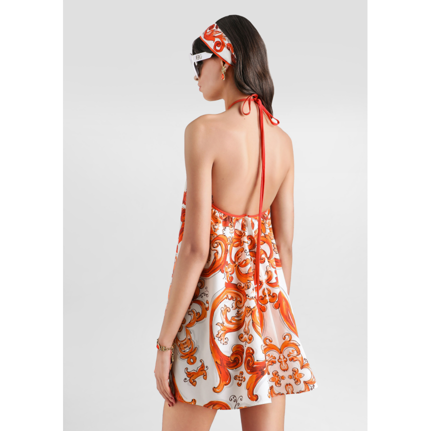 Robe courte évasée dos nu DOLCE & GABBANA en popeline de coton blanc à imprimé Majolique