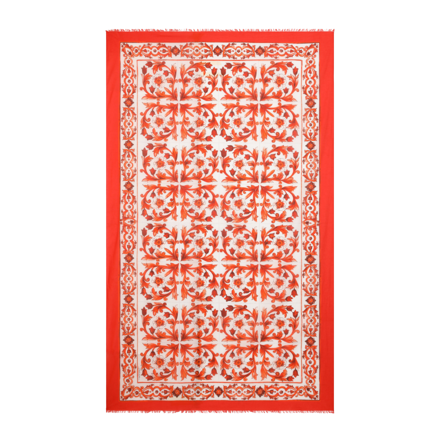 Paréo Sarong DOLCE & GABBANA en coton batiste blanc imprimé Majolique orange