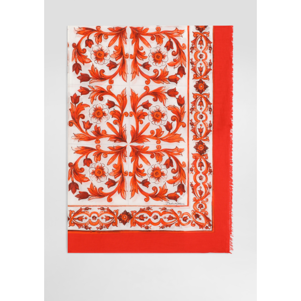 Paréo Sarong DOLCE & GABBANA en coton batiste blanc imprimé Majolique orange