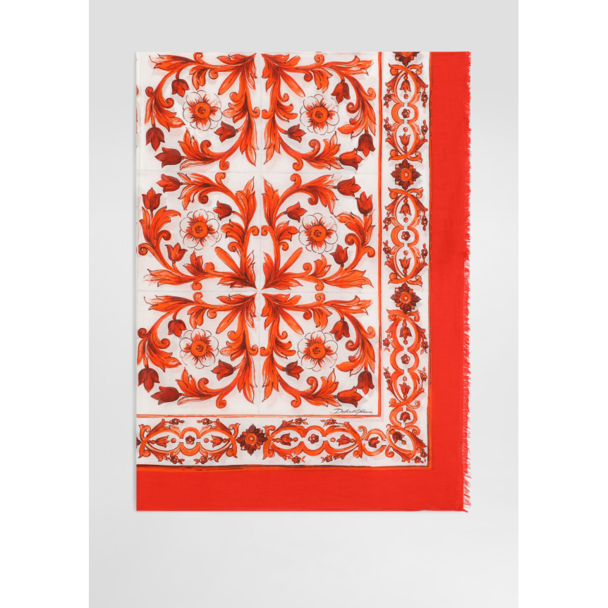 Paréo Sarong DOLCE & GABBANA en coton batiste blanc imprimé Majolique orange