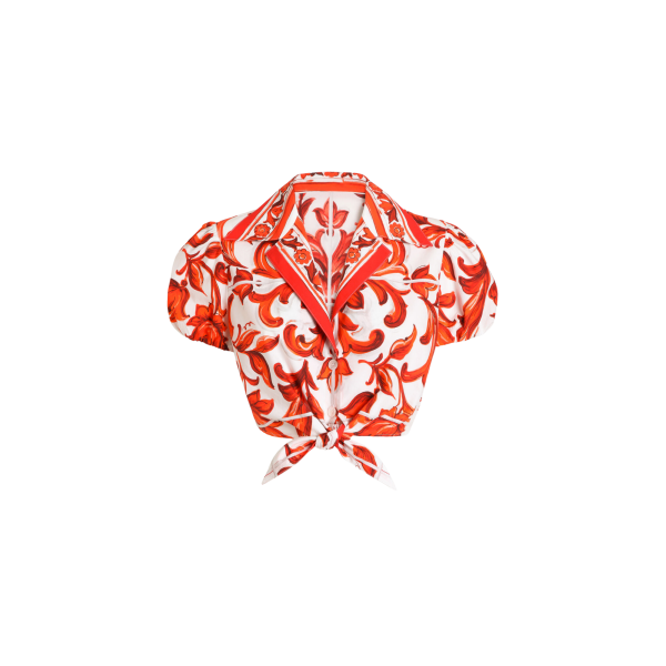Chemise courte DOLCE & GABBANA à nouer en popeline de coton blanc imprimé Majolique orange