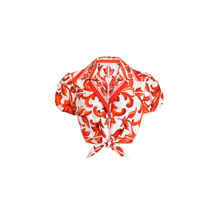 Chemise courte DOLCE & GABBANA à nouer en popeline de coton blanc imprimé Majolique orange