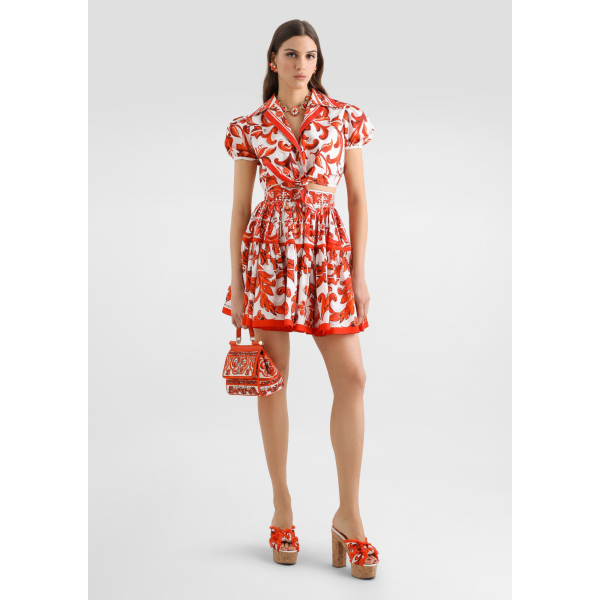 Chemise courte DOLCE & GABBANA à nouer en popeline de coton blanc imprimé Majolique orange