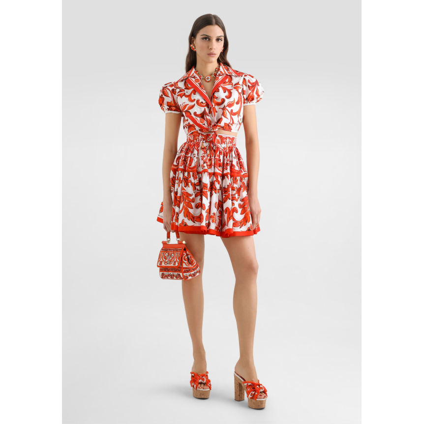 Chemise courte DOLCE & GABBANA à nouer en popeline de coton blanc imprimé Majolique orange