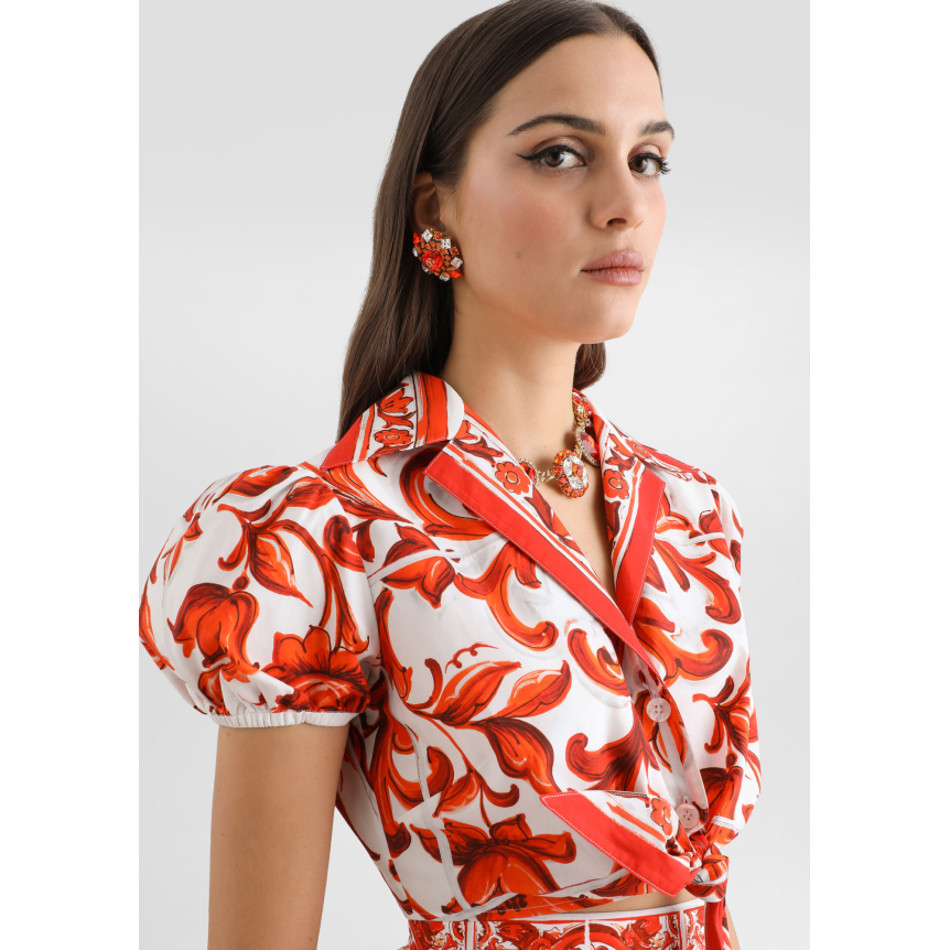 Chemise courte DOLCE & GABBANA à nouer en popeline de coton blanc imprimé Majolique orange