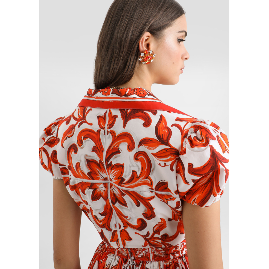 Chemise courte DOLCE & GABBANA à nouer en popeline de coton blanc imprimé Majolique orange