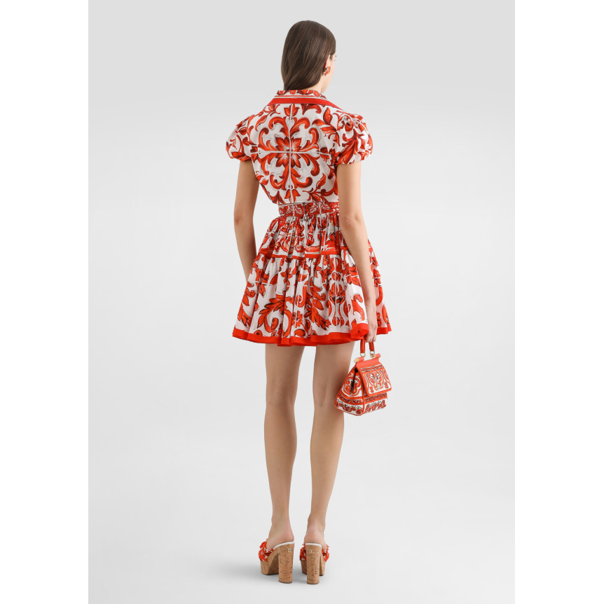 Chemise courte DOLCE & GABBANA à nouer en popeline de coton blanc imprimé Majolique orange