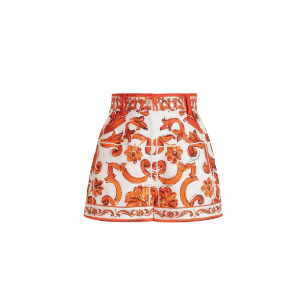 Short DOLCE & GABBANA coton viscose lin blanc motif Majolica orange