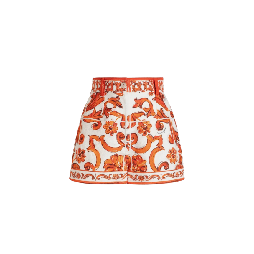 Short DOLCE & GABBANA coton viscose lin blanc motif Majolica orange