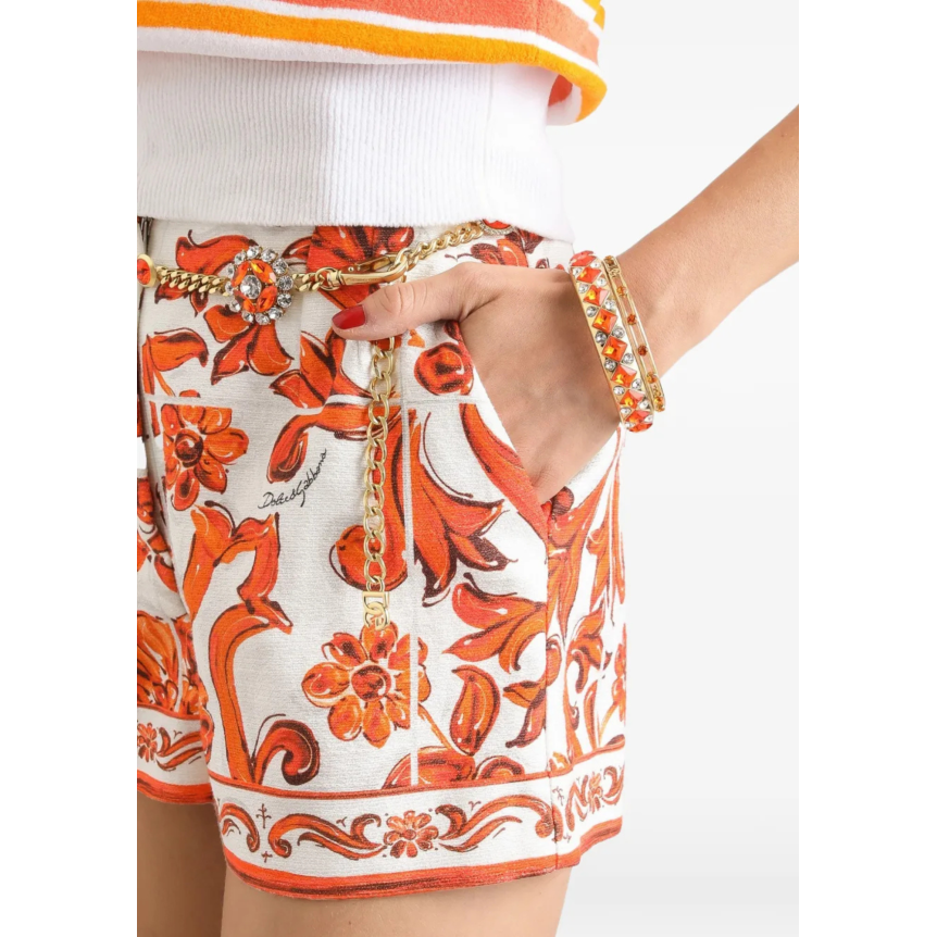 Short DOLCE & GABBANA coton viscose lin blanc motif Majolica orange