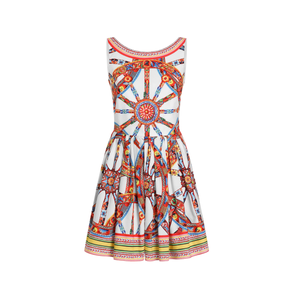 Robe mini évasée DOLCE & GABBANA en popeline de coton blanc à imprimé Carretto ruban dos
