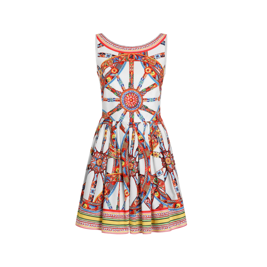Robe mini évasée DOLCE & GABBANA en popeline de coton blanc à imprimé Carretto ruban dos