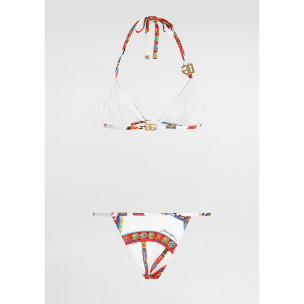 Maillot de bain 2 pièces DOLCE & GABBANA Bikini triangle blanc à imprimé Carretto