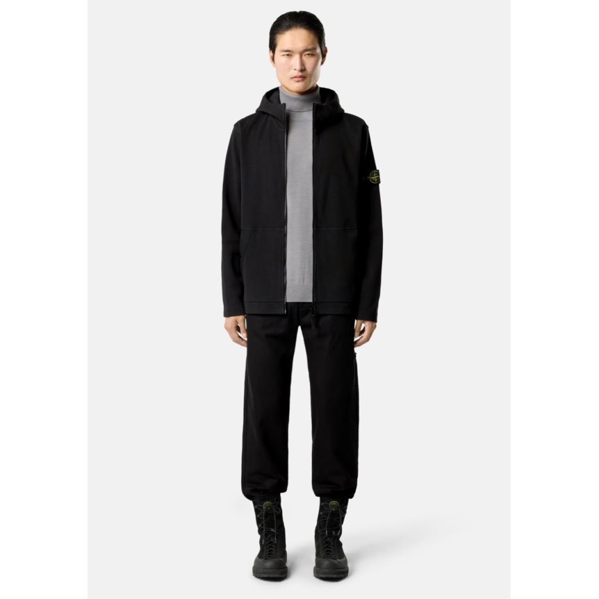Sweat-shirt à capuche zippé STONE ISLAND en interlock de coton biologique noir