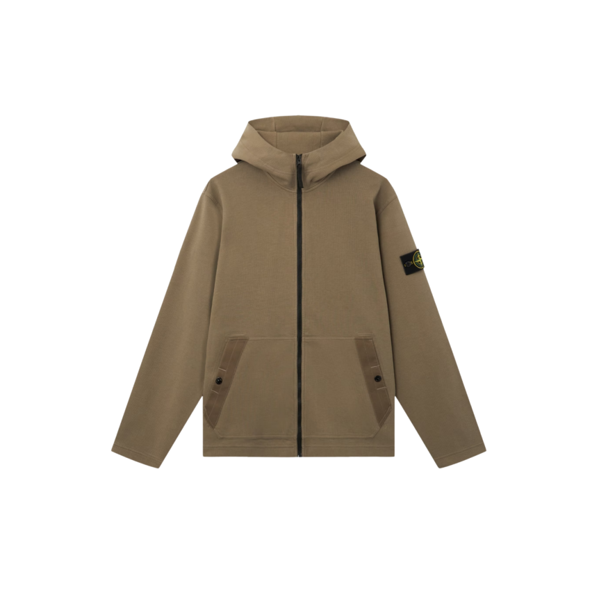 Sweat-shirt à capuche zippé STONE ISLAND en interlock de coton biologique kaki