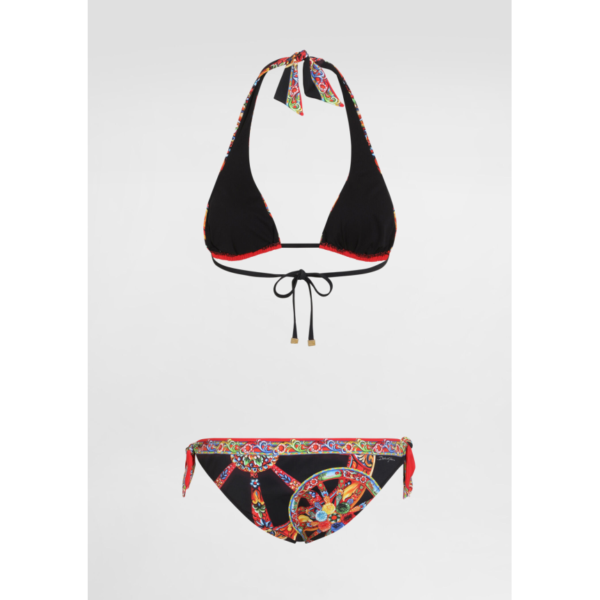 Maillot de bain DOLCE & GABBANA 2 pièces Bikini triangle noir à imprimé Carretto