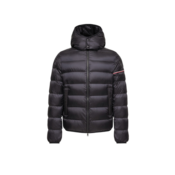 Doudoune courte à capuche MONCLER Ravenlock nylon bleu marine bande tricolore manche