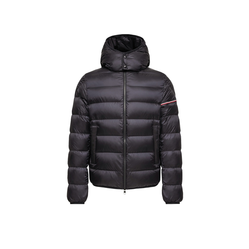 Doudoune courte à capuche MONCLER Ravenlock nylon bleu marine bande tricolore manche