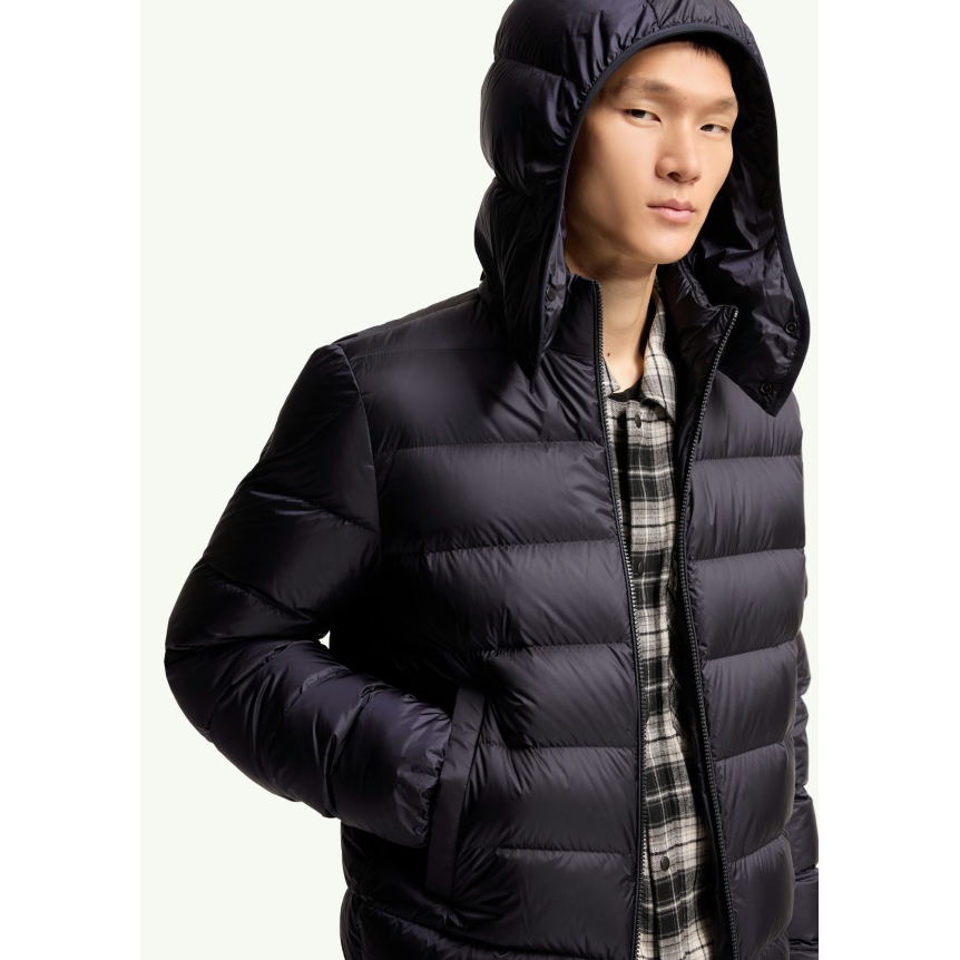 Doudoune courte à capuche MONCLER Ravenlock nylon bleu marine bande tricolore manche