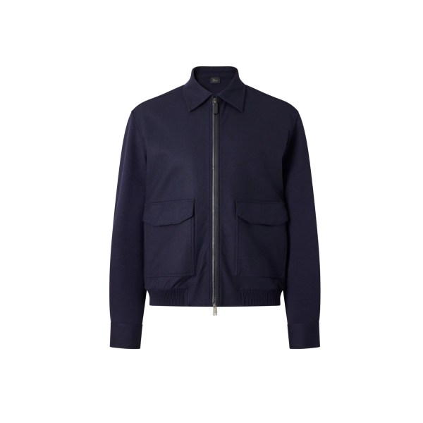 Blouson zippé à col BRIONI en laine feutrée et cachemire stretch bleu marine