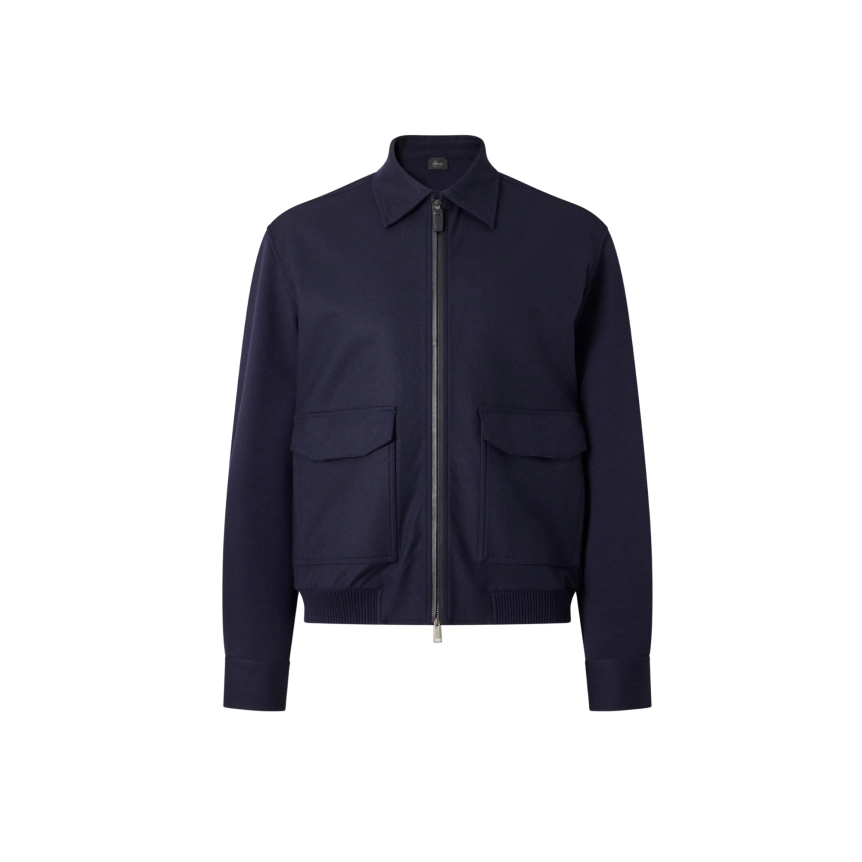 Blouson zippé à col BRIONI en laine feutrée et cachemire stretch bleu marine