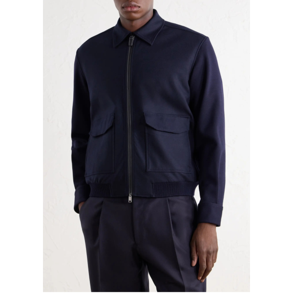 Blouson zippé à col BRIONI en laine feutrée et cachemire stretch bleu marine