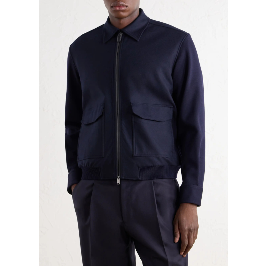 Blouson zippé à col BRIONI en laine feutrée et cachemire stretch bleu marine